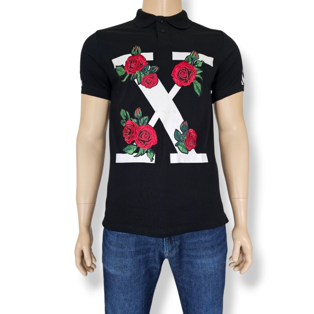 Krisp NYC Black & White Floral Embroidered Abstract Polo